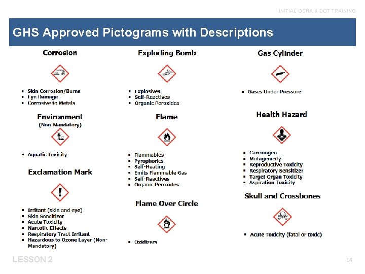 INITIAL OSHA & DOT TRAINING GHS Approved Pictograms with Descriptions LESSON 2 14 