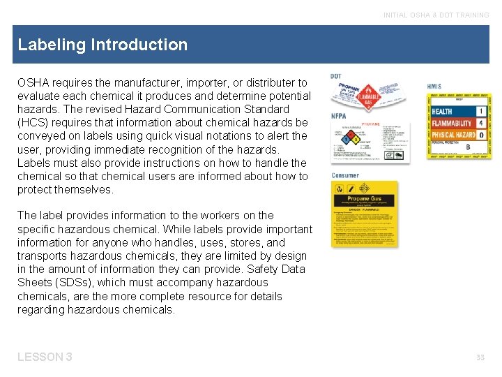 INITIAL OSHA & DOT TRAINING Labeling Introduction OSHA requires the manufacturer, importer, or distributer