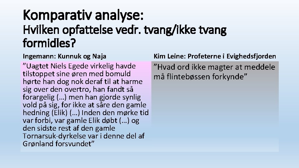 Komparativ analyse: Hvilken opfattelse vedr. tvang/ikke tvang formidles? Ingemann: Kunnuk og Naja Kim Leine: