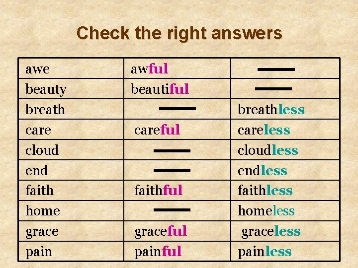 Check the right answers awe beauty breath care cloud end faith home grace pain