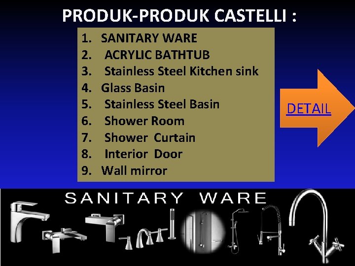 PRODUK-PRODUK CASTELLI : 1. 2. 3. 4. 5. 6. 7. 8. 9. SANITARY WARE