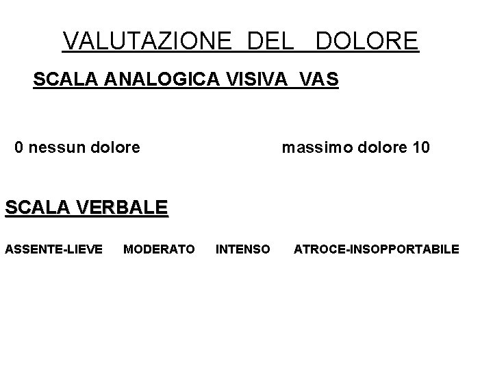 VALUTAZIONE DEL DOLORE SCALA ANALOGICA VISIVA VAS 0 nessun dolore massimo dolore 10 SCALA