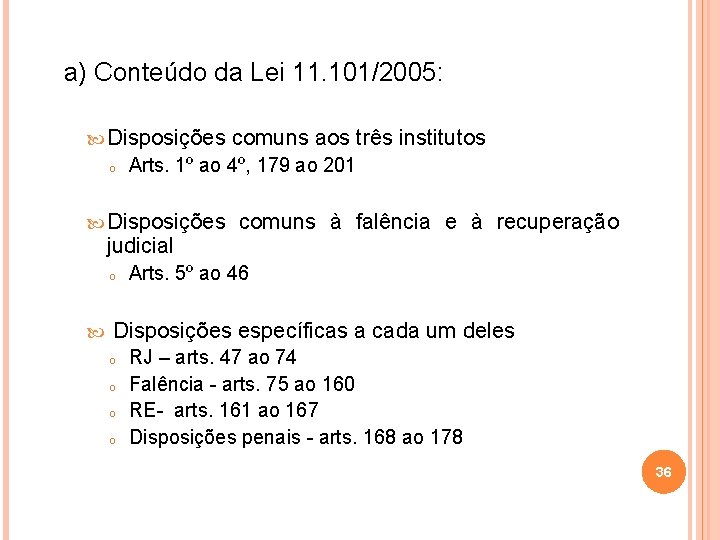 a) Conteúdo da Lei 11. 101/2005: Disposições o Arts. 1º ao 4º, 179 ao