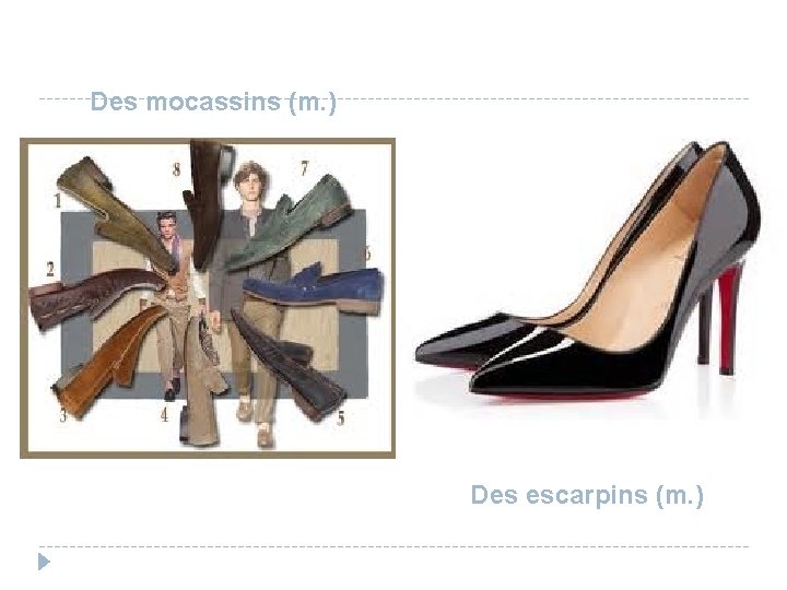 Des mocassins (m. ) Des escarpins (m. ) 