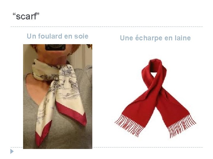 “scarf” Un foulard en soie Une écharpe en laine 