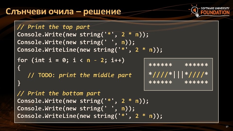 Слънчеви очила – решение // Print the top part Console. Write(new string('*', 2 * Слънчеви очила – решение // Print the top part Console. Write(new string('*', 2 *