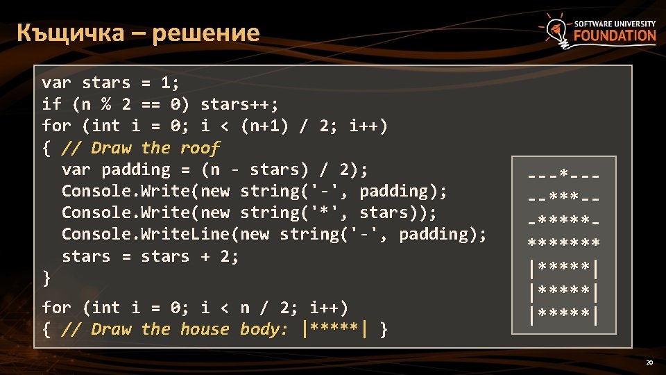 Къщичка – решение var stars = 1; if (n % 2 == 0) stars++; Къщичка – решение var stars = 1; if (n % 2 == 0) stars++;