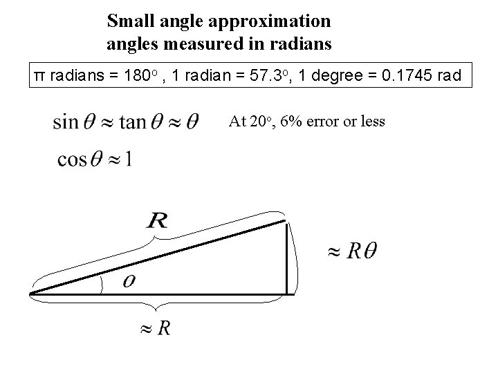 Small angle approximation angles measured in radians π radians = 180 o , 1