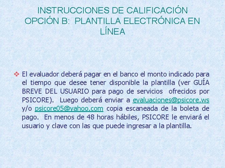 INSTRUCCIONES DE CALIFICACIÓN OPCIÓN B: PLANTILLA ELECTRÓNICA EN LÍNEA v El evaluador deberá pagar