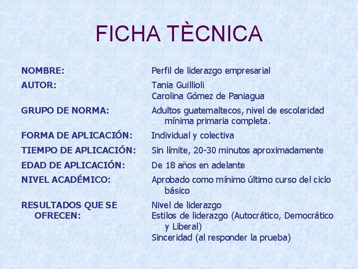 FICHA TÈCNICA NOMBRE: Perfil de liderazgo empresarial AUTOR: Tania Guillioli Carolina Gómez de Paniagua