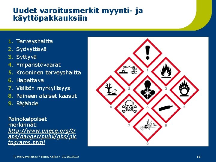 Uudet varoitusmerkit myynti- ja käyttöpakkauksiin 1. 2. 3. 4. 5. 6. 7. 8. 9.