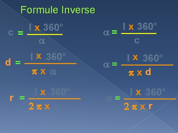 Formule Inverse l x 360° c = l x 360° = c l x