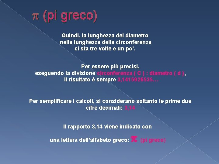  (pi greco) Quindi, la lunghezza del diametro nella lunghezza della circonferenza ci sta