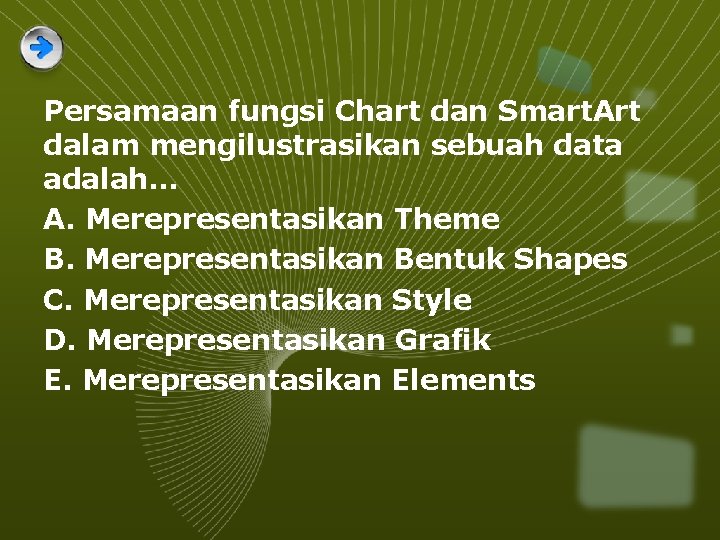 Persamaan fungsi Chart dan Smart. Art dalam mengilustrasikan sebuah data adalah. . . A.