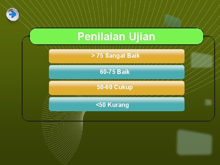 Penilaian Ujian > 75 Sangat Baik 60 -75 Baik 50 -60 Cukup <50 Kurang