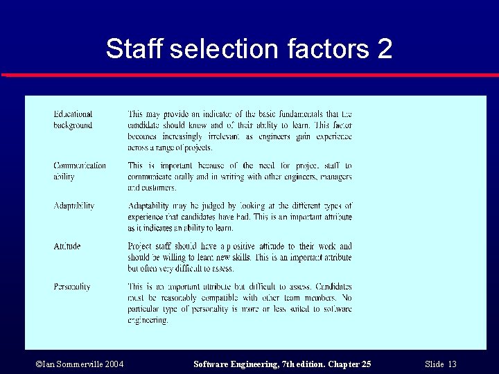 Staff selection factors 2 ©Ian Sommerville 2004 Software Engineering, 7 th edition. Chapter 25