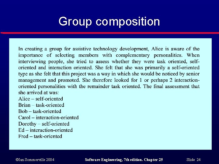 Group composition ©Ian Sommerville 2004 Software Engineering, 7 th edition. Chapter 25 Slide 24