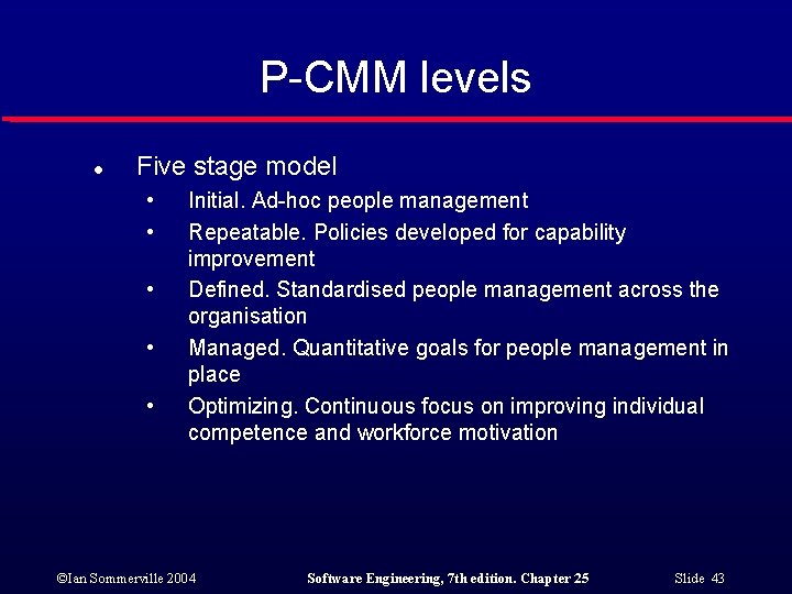 P-CMM levels l Five stage model • • • Initial. Ad-hoc people management Repeatable.