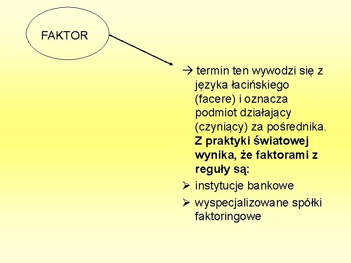 FAKTOR termin ten wywodzi się z języka łacińskiego (facere) i oznacza podmiot działający (czyniący)