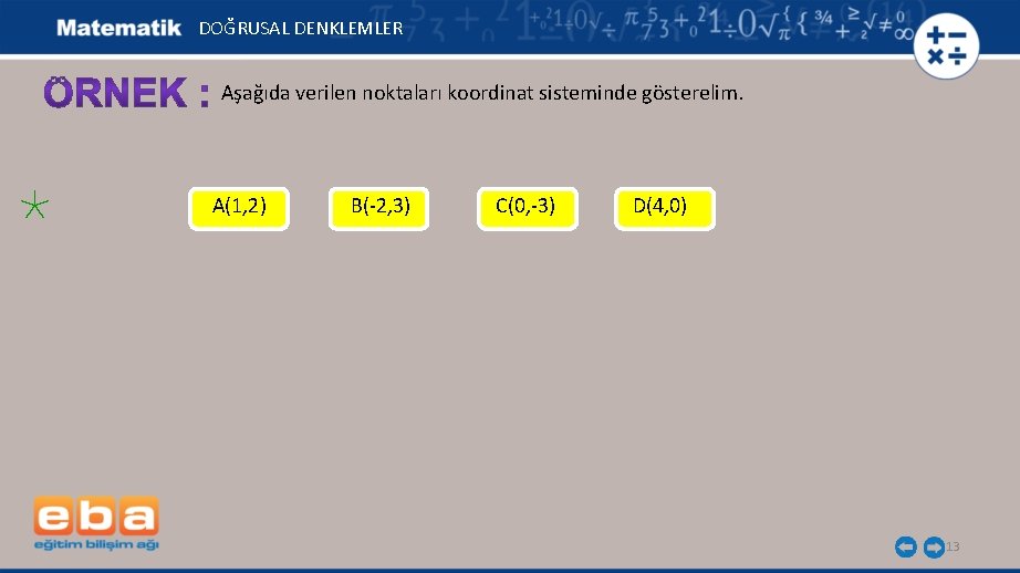 DOĞRUSAL DENKLEMLER Aşağıda verilen noktaları koordinat sisteminde gösterelim. A(1, 2) B(-2, 3) C(0, -3)