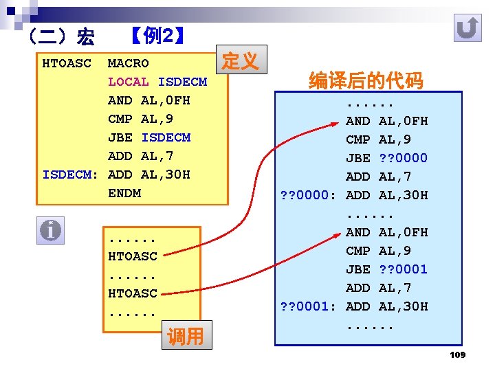 （二）宏 【例2】 HTOASC MACRO LOCAL ISDECM AND AL, 0 FH CMP AL, 9 JBE