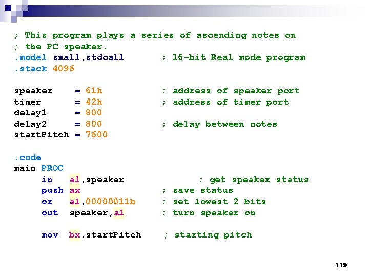 ; This program plays a series of ascending notes on ; the PC speaker.