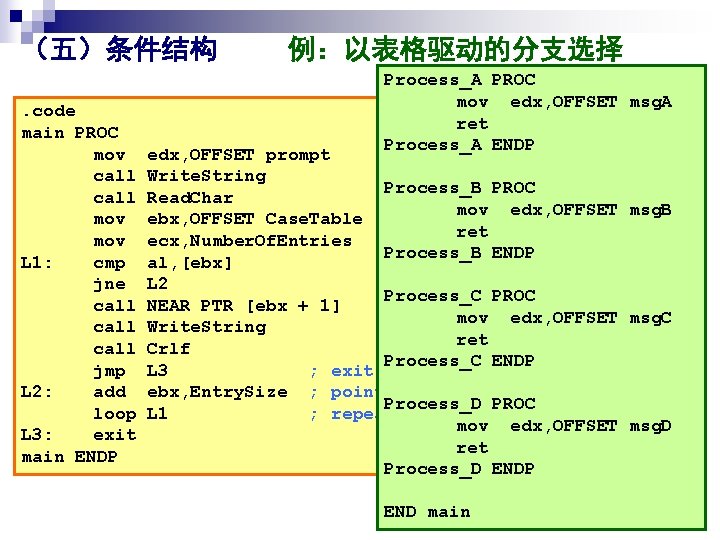 （五）条件结构. code main PROC mov call mov L 1: cmp jne call jmp L