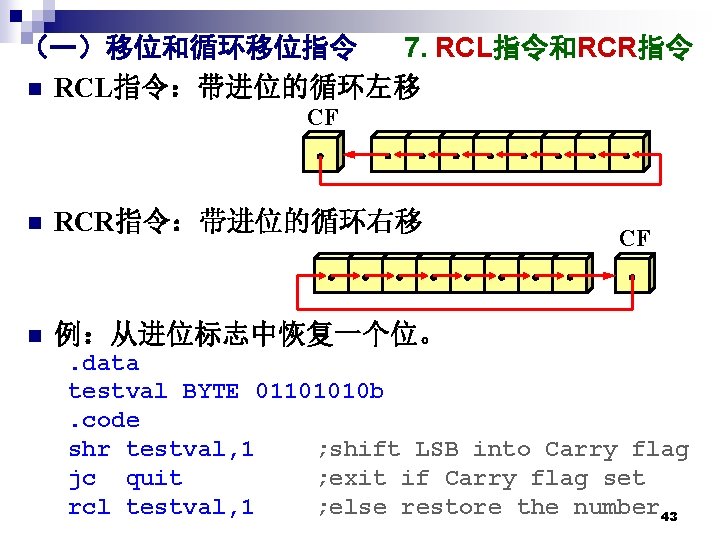 （一）移位和循环移位指令 7. RCL指令和RCR指令 n RCL指令：带进位的循环左移 CF · n · · · · RCR指令：带进位的循环右移 ·