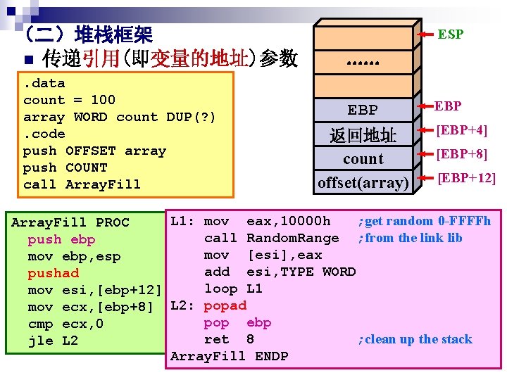 (二)堆栈框架 n 传递引用(即变量的地址)参数. data count = 100 array WORD count DUP(? ). code push (二)堆栈框架 n 传递引用(即变量的地址)参数. data count = 100 array WORD count DUP(? ). code push