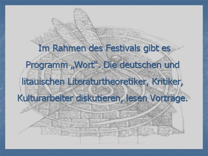 Im Rahmen des Festivals gibt es Programm „Wort“. Die deutschen und litauischen Literaturtheoretiker, Kritiker,