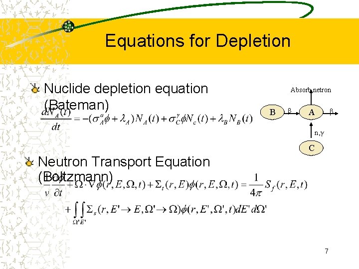 Equations for Depletion Nuclide depletion equation (Bateman) Absorb netron B β β A n,