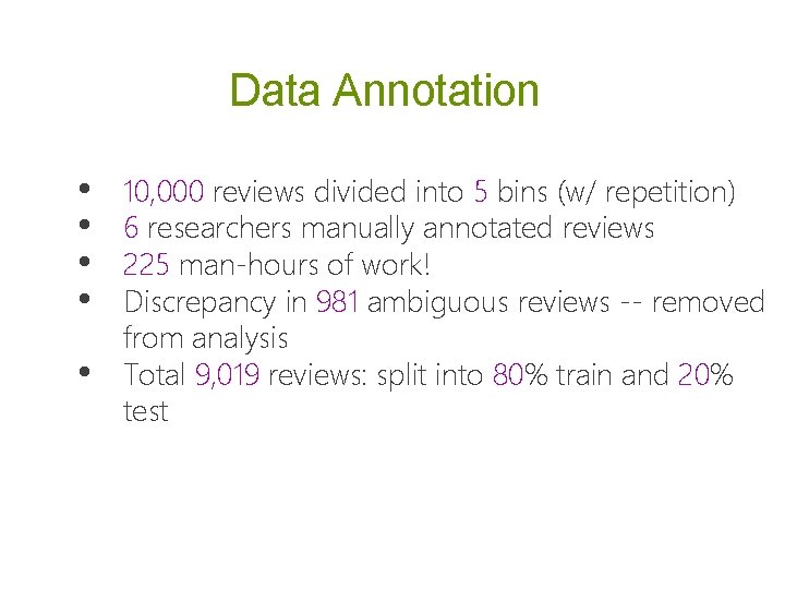 Data Annotation • • • 10, 000 reviews divided into 5 bins (w/ repetition) Data Annotation • • • 10, 000 reviews divided into 5 bins (w/ repetition)