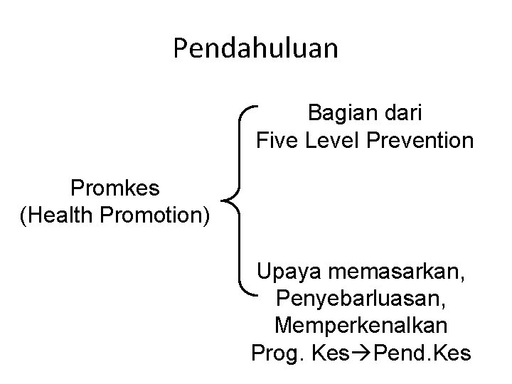 Pendahuluan Bagian dari Five Level Prevention Promkes (Health Promotion) Upaya memasarkan, Penyebarluasan, Memperkenalkan Prog.