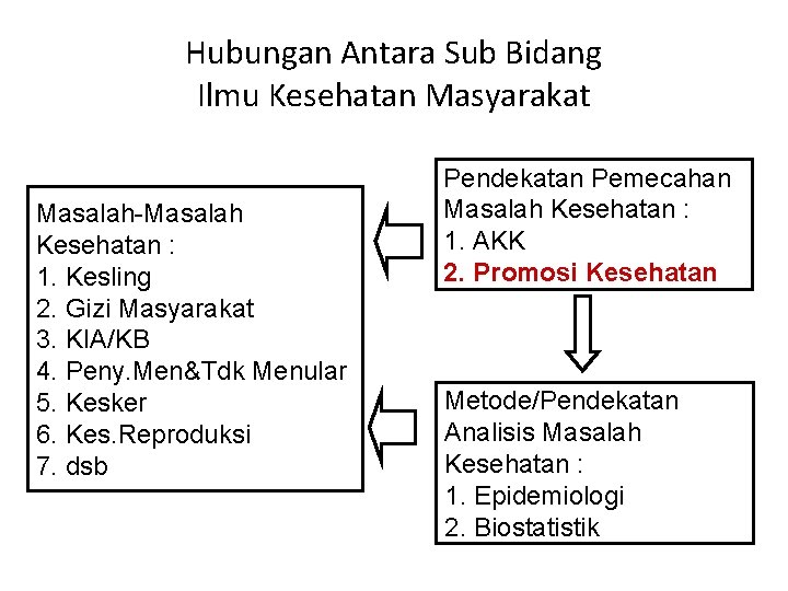 Hubungan Antara Sub Bidang Ilmu Kesehatan Masyarakat Masalah-Masalah Kesehatan : 1. Kesling 2. Gizi