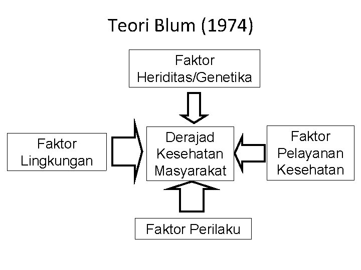 Teori Blum (1974) Faktor Heriditas/Genetika Faktor Lingkungan Derajad Kesehatan Masyarakat Faktor Perilaku Faktor Pelayanan