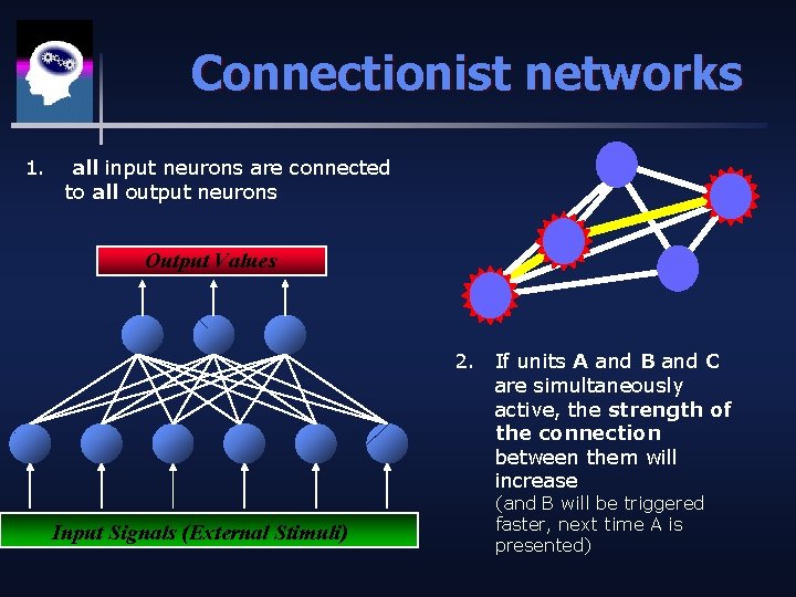 Connectionist networks 1. all input neurons are connected to all output neurons Output Values