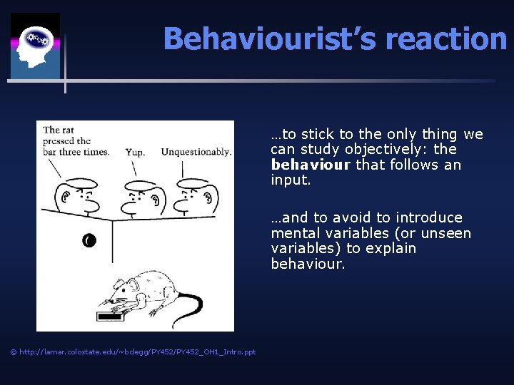 Behaviourist’s reaction …to stick to the only thing we can study objectively: the behaviour