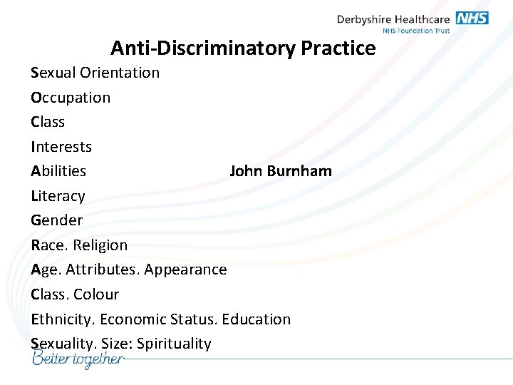 Anti-Discriminatory Practice Sexual Orientation Occupation Class Interests Abilities John Burnham Literacy Gender Race. Religion