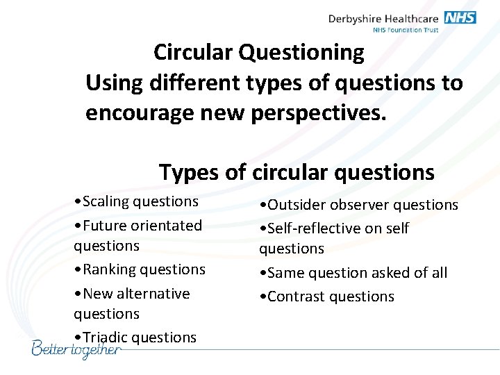  Circular Questioning Using different types of questions to encourage new perspectives. Types of