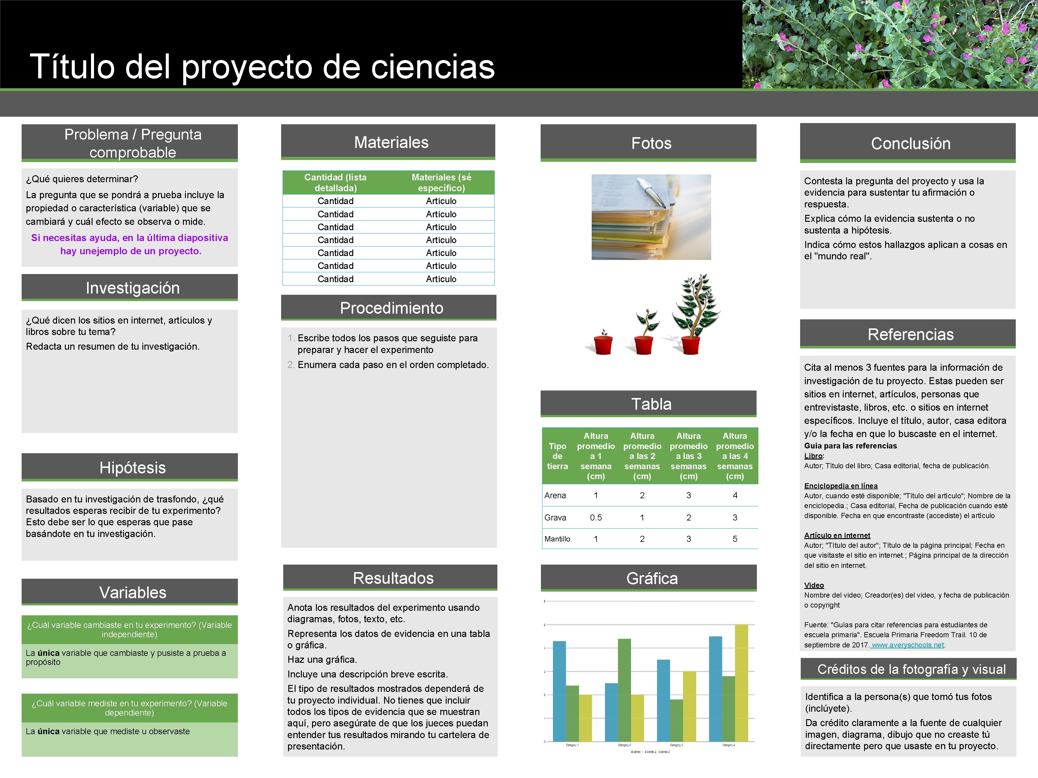 Título del proyecto de ciencias Problema / Pregunta comprobable ¿Qué quieres determinar? La pregunta