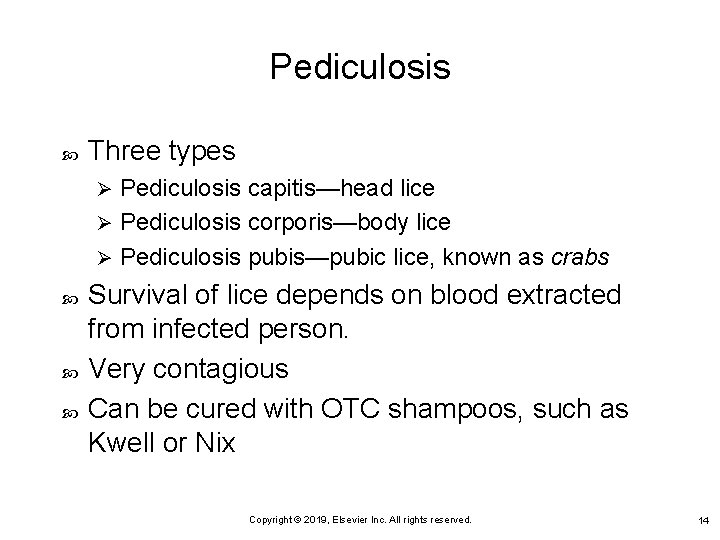 Pediculosis Three types Pediculosis capitis—head lice Ø Pediculosis corporis—body lice Ø Pediculosis pubis—pubic lice,