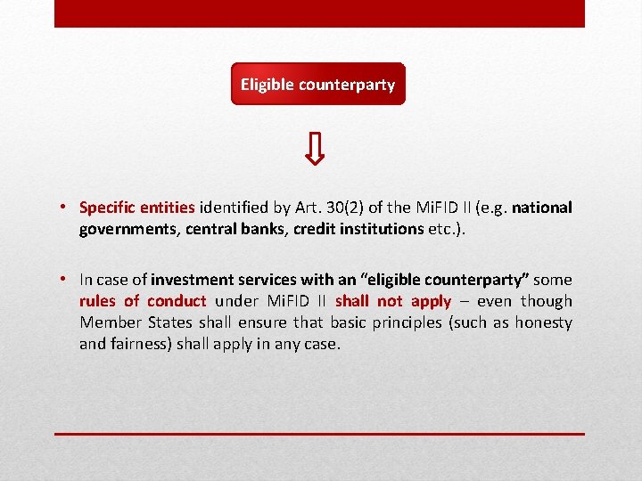 Eligible counterparty • Specific entities identified by Art. 30(2) of the Mi. FID II