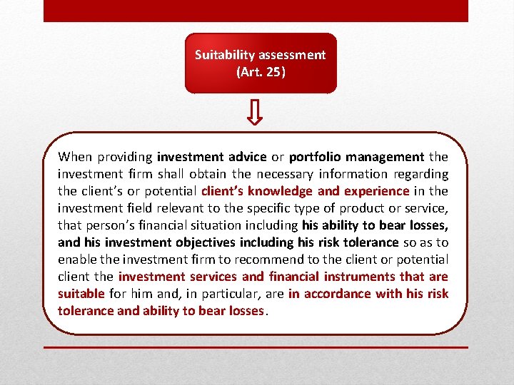 Suitability assessment (Art. 25) When providing investment advice or portfolio management the investment firm