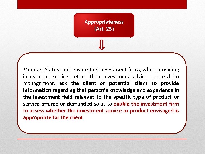 Appropriateness (Art. 25) Member States shall ensure that investment firms, when providing investment services