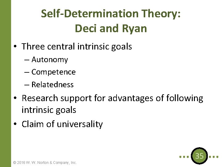 Self-Determination Theory: Deci and Ryan • Three central intrinsic goals – Autonomy – Competence
