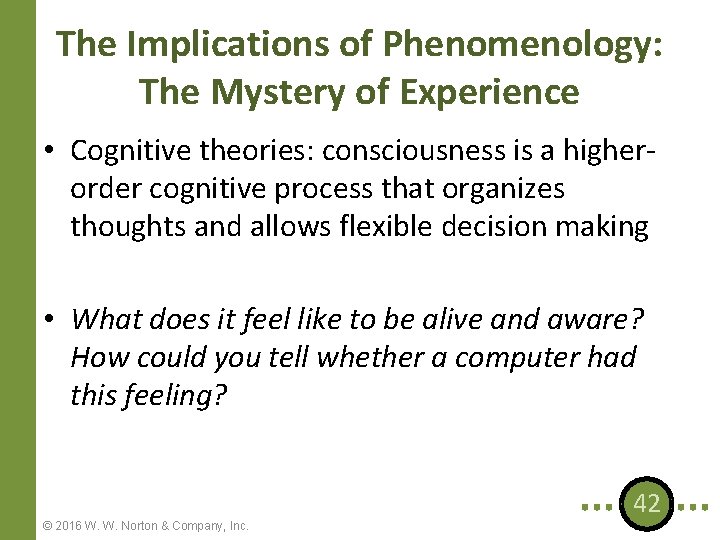The Implications of Phenomenology: The Mystery of Experience • Cognitive theories: consciousness is a