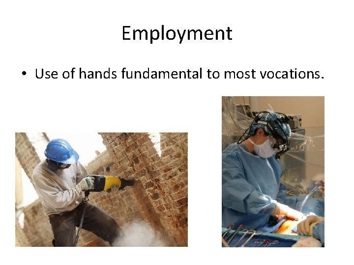 Employment • Use of hands fundamental to most vocations. 