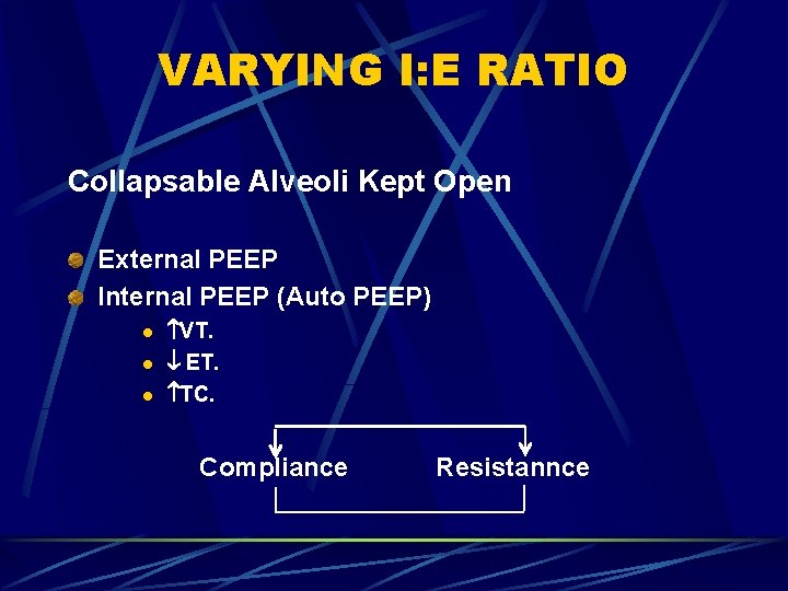 VARYING I: E RATIO Collapsable Alveoli Kept Open External PEEP Internal PEEP (Auto PEEP)