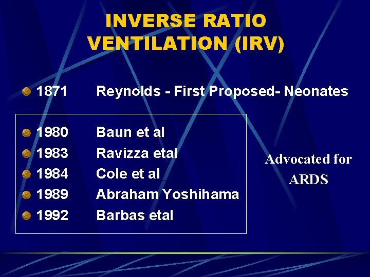 INVERSE RATIO VENTILATION (IRV) 1871 Reynolds - First Proposed- Neonates 1980 1983 1984 1989