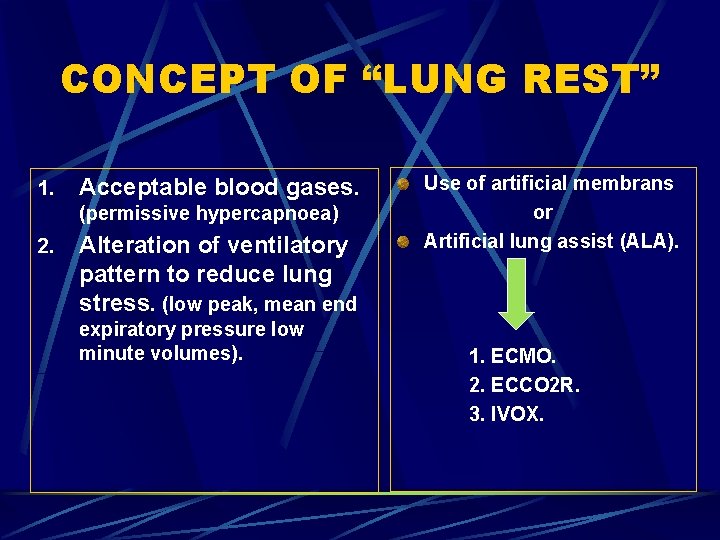 CONCEPT OF “LUNG REST” 1. Acceptable blood gases. (permissive hypercapnoea) 2. Alteration of ventilatory